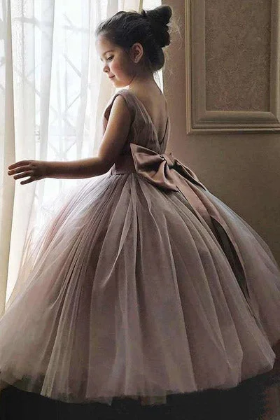 Shop Our Looks Cute Mauve Ball Gown Flower Girl Dresses with Bow on the Back F069