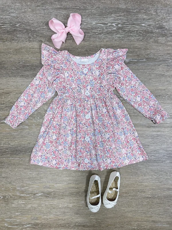 Trend Setting Wardrobe Petite Florals Pink Girls Ruffle Shoulder Long Sleeve Dress