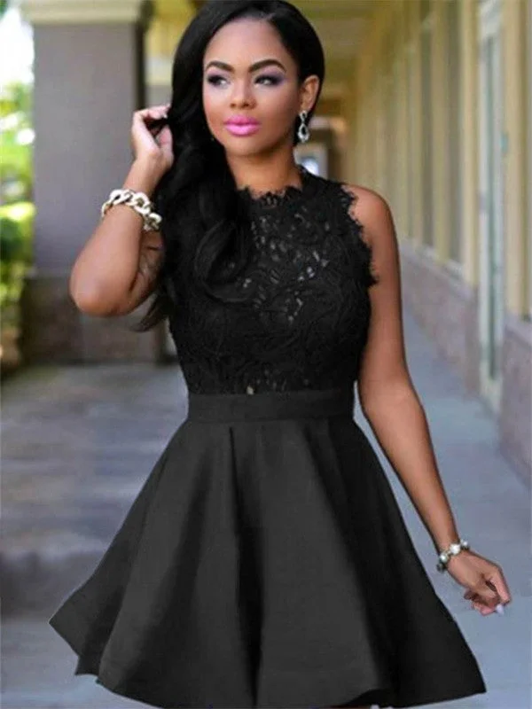 Trend Forward Threads For Her A-Line Jewel Cut Short With Lace Satin Black Homecoming Dresses