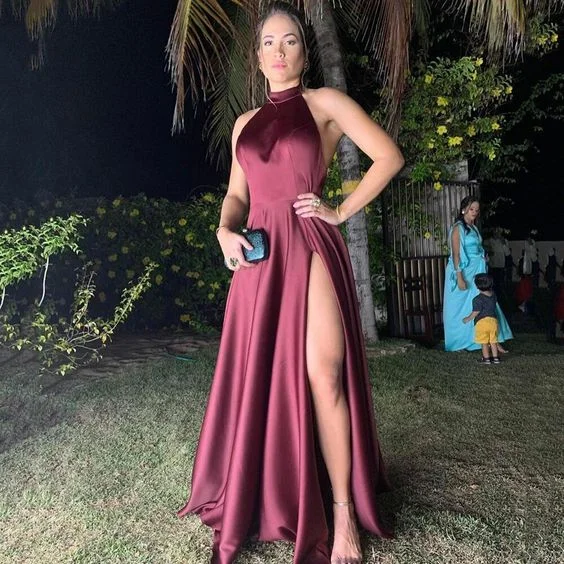 Boho - Chic Festival - Ready Style Backless Burgundy Long Satin Prom Dress High Slit O Neck Evening Dresses Chic Sleeveless Party Gown     S3626