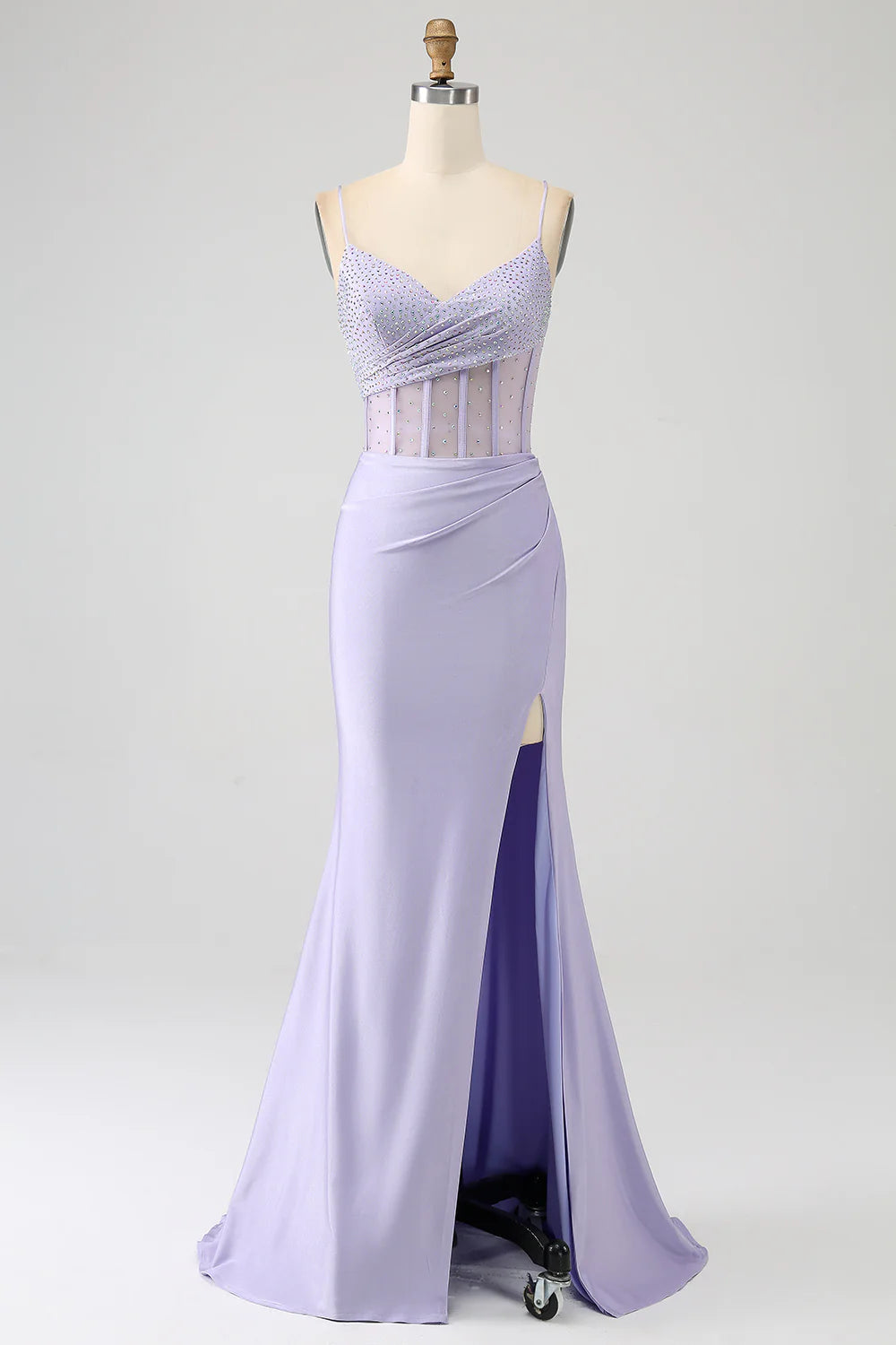 Graceful Drape Amzcw Lavender Mermaid Cutout Glitter Corset Satin Prom Dresses with Pleated Split