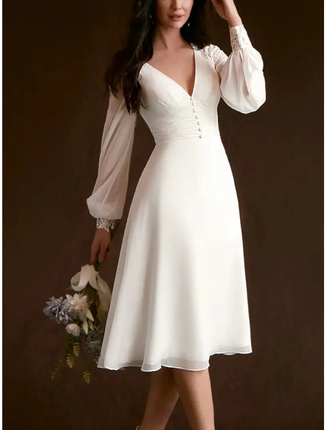 Trend Setting Threads Little White Dresses Wedding Dresses A-Line V Neck Long Sleeve Knee Length Chiffon Bridal Gowns With Pleats Ruched