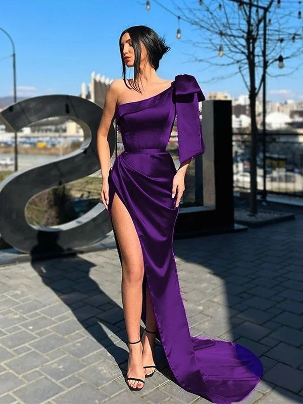 Contemporary Chic Sheath/Column Satin Bowknot One-Shoulder Sleeveless Sweep/Brush Train Dresses