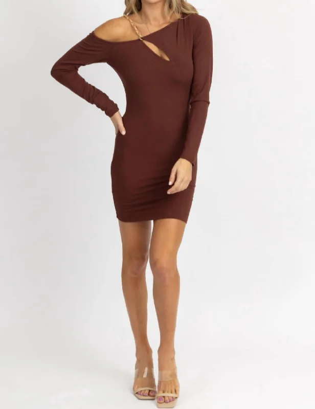 Fashion Forward Asymmetrical Chain Trim Mini Dress In Brownie