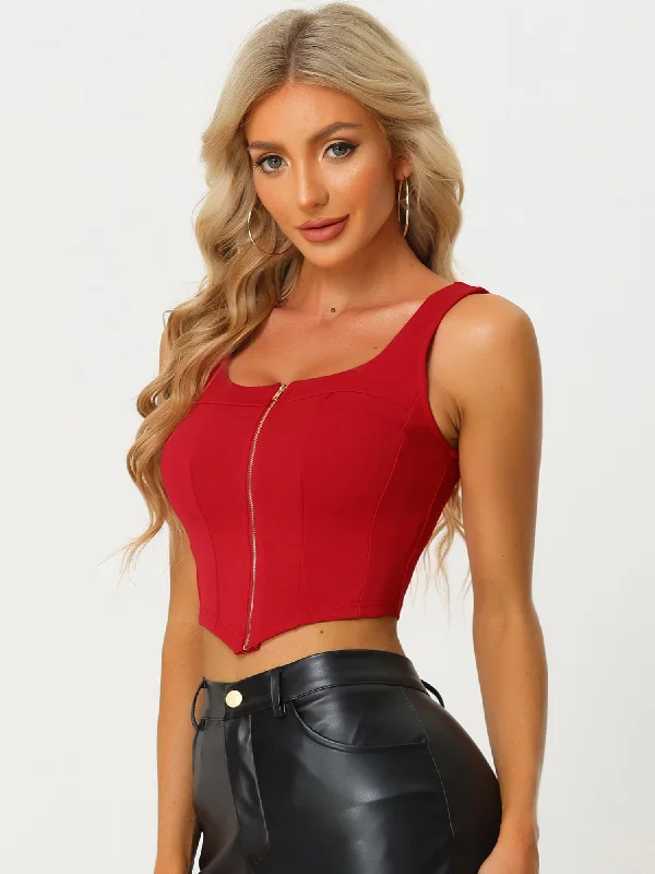 Women's Holiday Attire Wardrobe Update Square Neck Asymmetrical Hem Zip Front Crop Cami Tank Tops