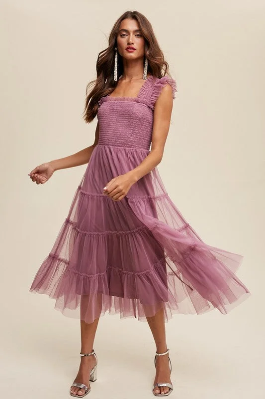 Odd Size Clearance Sale Smocked Ruffle Tiered Mesh Midi Maxi Dress