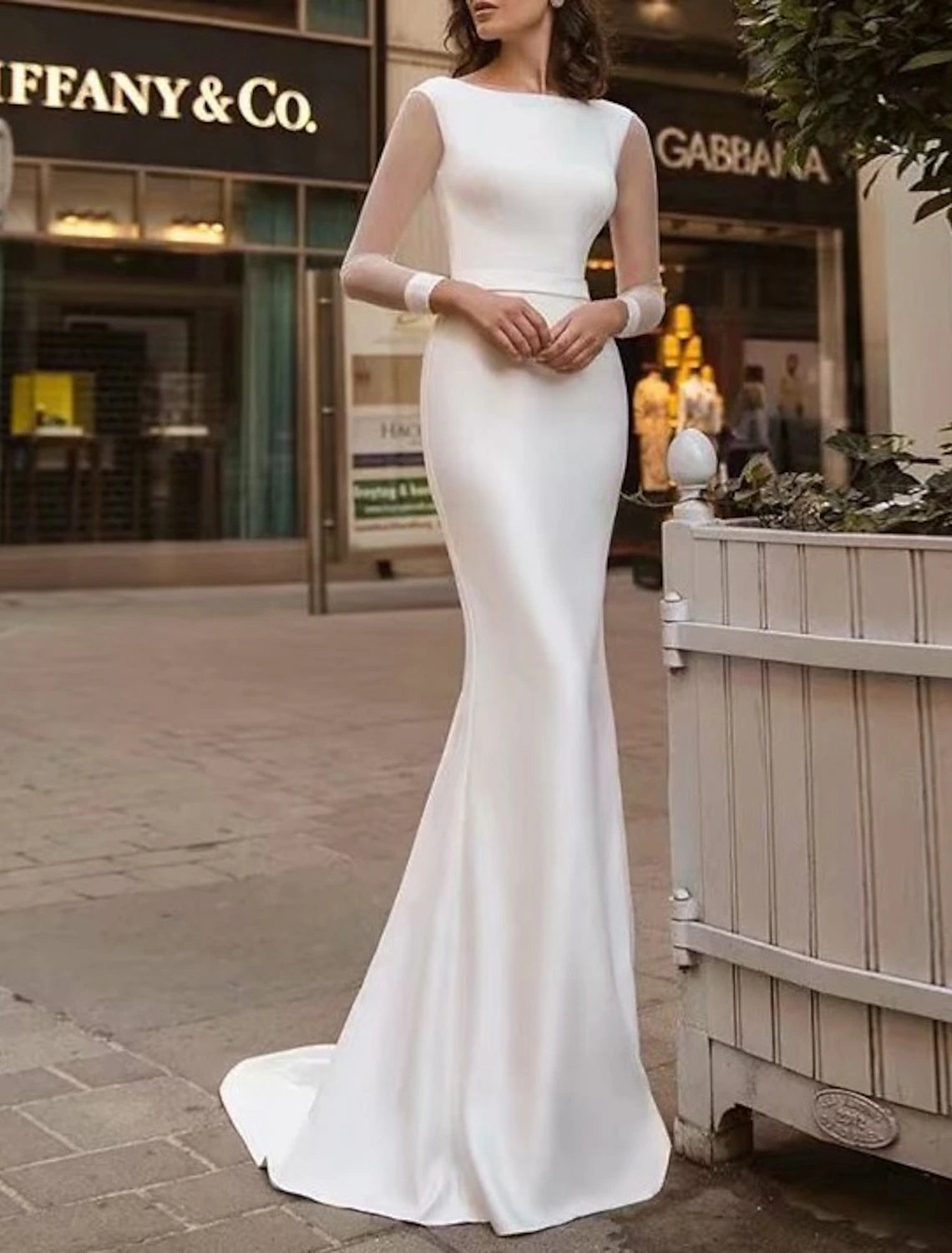 Odd Size Clearance Sale Reception Royal Style Simple Wedding Dresses Mermaid / Trumpet Scoop Neck Long Sleeve Sweep / Brush Train Satin Bridal Gowns With Solid Color Summer Wedding Party