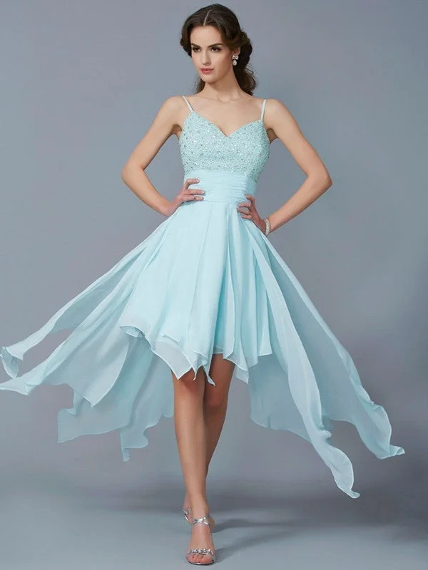 Versatile Style Wardrobe A-Line/Princess Spaghetti Straps Sleeveless Beading High Low Chiffon Homecoming Dresses