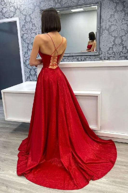 Effortless Comfort Satin Long A-Line Prom Dress, Backless Evening Dress with Slit     S4985