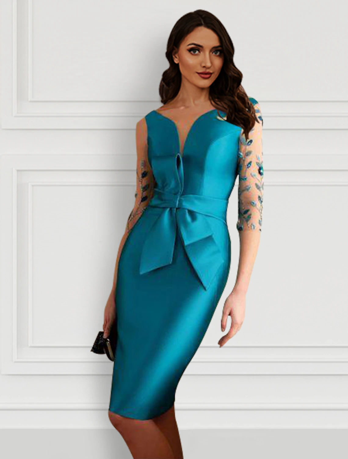 Mega Sale Sheath / Column Cocktail Dresses Open Back Dress Formal Knee Length Half Sleeve Jewel Neck Satin with Bow(s) Slit Appliques