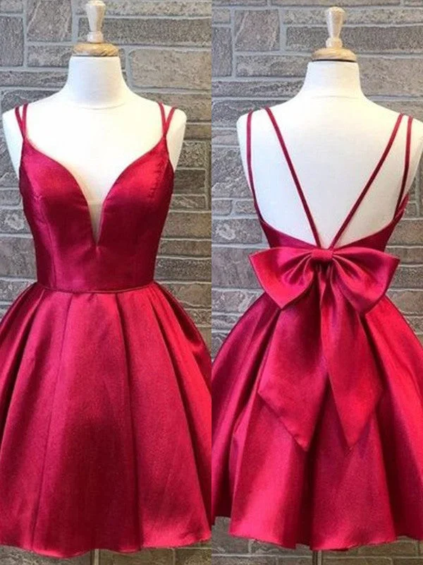 Step Ahead, Lead The Trend A-Line/Princess Satin Spaghetti Straps Sleeveless Bowknot Short/Mini Homecoming Dresses