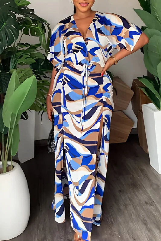 Stylish Statements Abstract Print Modern Lace-Up High Split Maxi Dress