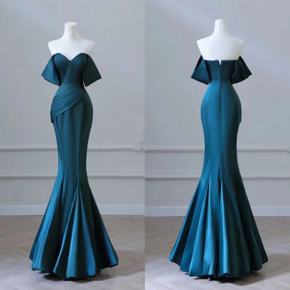 Your Timeless Wardrobe Awaits Simple Off Shoulder Satin Ink Blue Long Prom Dress, Ink Blue Long Formal Dress      S5355