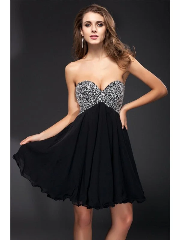 Trendy Attire For Her A-Line/Princess Sweetheart Rhinestone Sleeveless Short Chiffon Cocktail Dresses