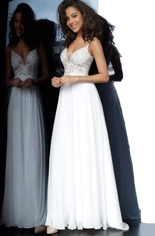 Chic Style, Always In Vogue JVN by Jovani - Long Lace Bodice A-Line Dress JVN62568SC - 1 pc Off White In Size 10 Available