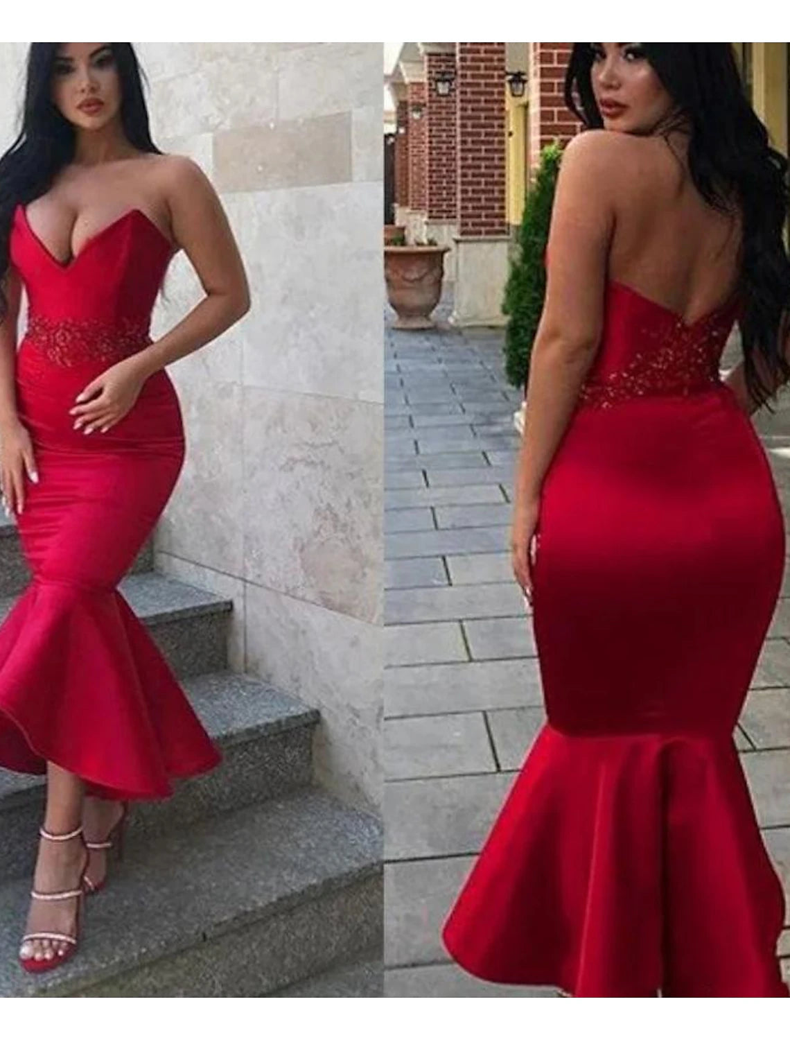 Effortless Style, Endless Impact Mermaid / Trumpet Party Dresses Backless Dress Homecoming Ankle Length Sleeveless V Neck Italy Satin Backless with Appliques