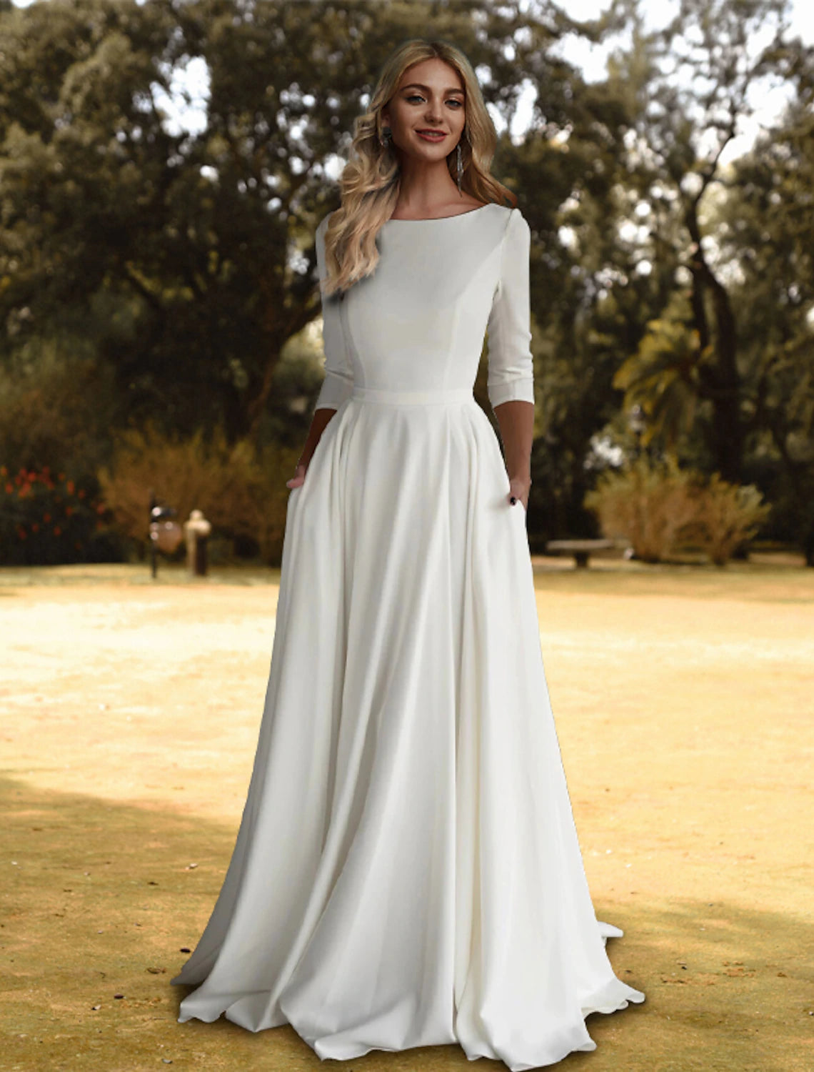 Women’S Urban Fashion Hall Casual Fall Wedding Dresses A-Line Scoop Neck 3/4 Length Sleeve Sweep / Brush Train Stretch Fabric Bridal Gowns With Pleats Solid Color  Summer Wedding Party, Women's Clothing