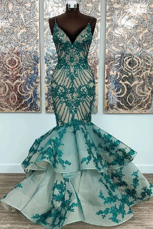 Evening Looks Mermaid Straps Lace Appliqued Long Formal Dresses Unique Floor Length Prom Gown N2650