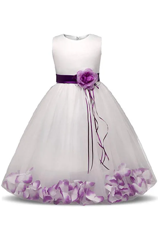 Travel Essentials White Ball Gown Sleeveless Long Flower Girl Dresses with Purple Flowers Sash F064