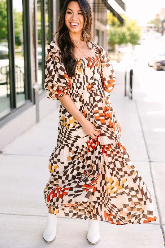 Trendy Pulse Know What You Want Brown Abstract Midi Dress