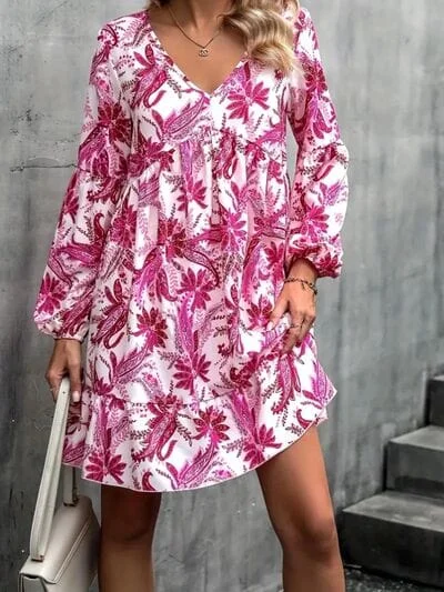 Trendy Styles Floral V-Neck Balloon Sleeve Dress