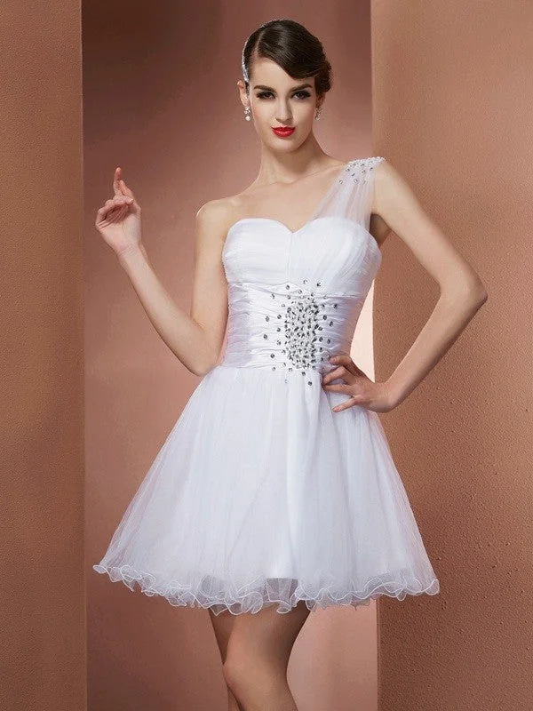 Wardrobe Essentials A-Line/Princess One-Shoulder Sleeveless Beading Short Net Homecoming Dresses