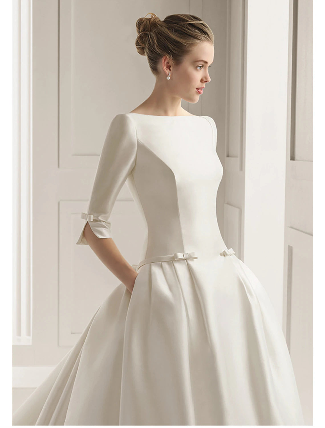 Special Offer Engagement Formal Fall Wedding Dresses A-Line Scoop Neck Half Sleeve Court Train Satin Bridal Gowns With Bow(s) Pleats  Summer Wedding Party  Women‘s Clothing