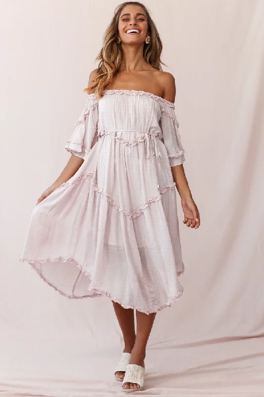 Save Big Renoir Off-Shoulder Frill Trim Midi Dress Mauve