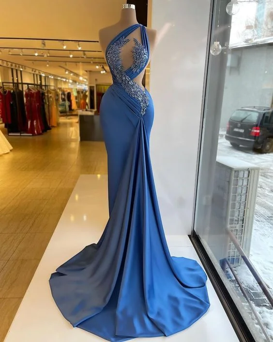 Feminine Flow Blue Prom Dresses, One Shoulder Prom Dresses, Sexy Prom Dresses, Sashes Prom Dresses, Satin Prom Dresses, Arrival Evening Gowns      S3750