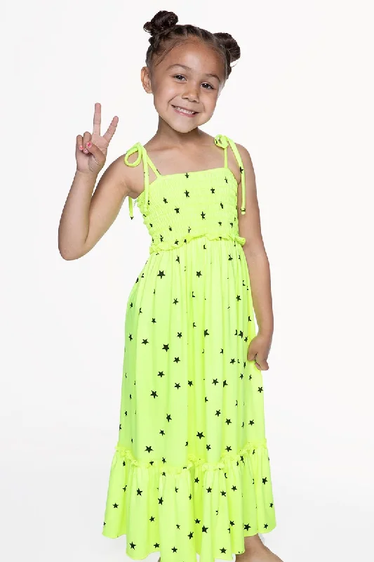 Everyday Basics Simply Soft Tiered Smocked Maxi Dress - Neon Lemon Black Stars