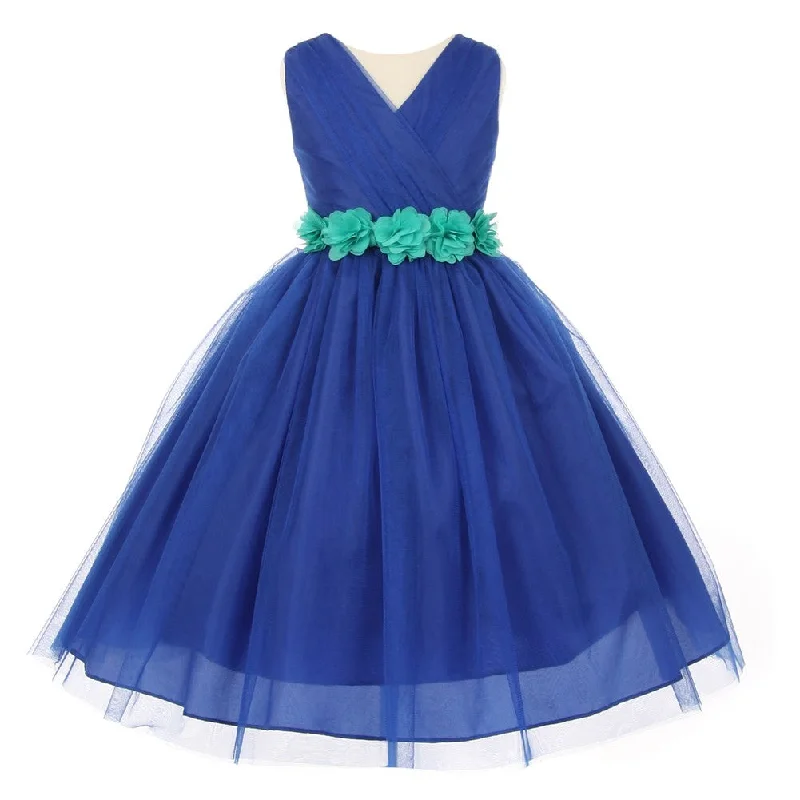 Special Offers Little Girls Royal Blue Jade Chiffon Floral Sash Tulle Flower Girl Dress 2-6