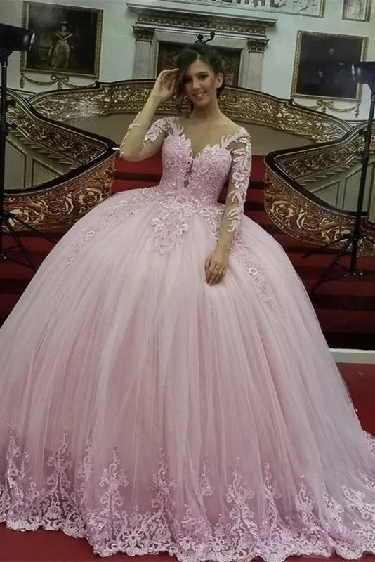 End Of Season Sale Ball Gown Long Sleeves Lace Appliqued Tulle Light Pink Sweet 16 Prom Dress