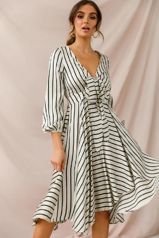 From Casual To Classy Essex Striped Bust Tie Midi Dress Beige