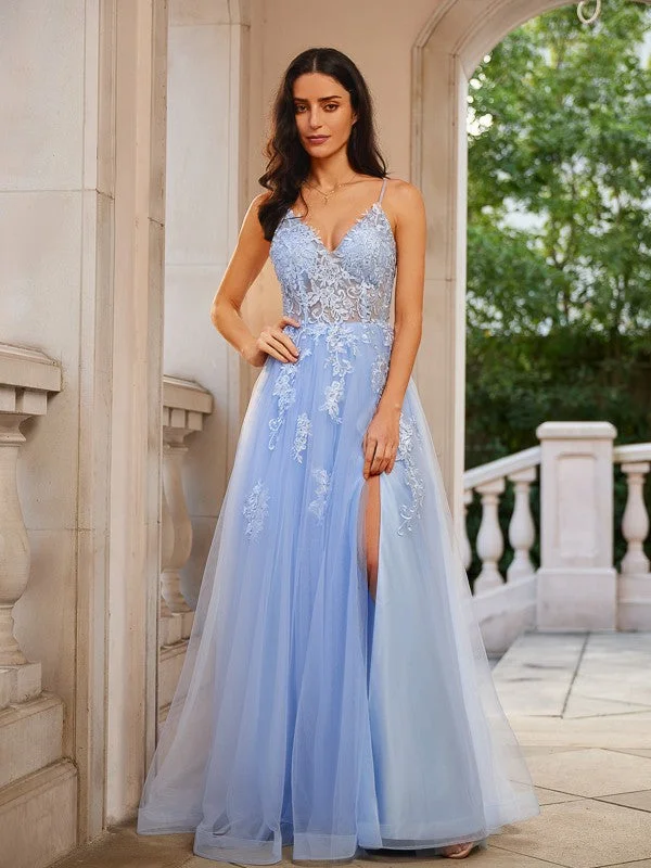 Daily Deals A-Line/Princess Tulle Applique V-neck Sleeveless Floor-Length Dresses