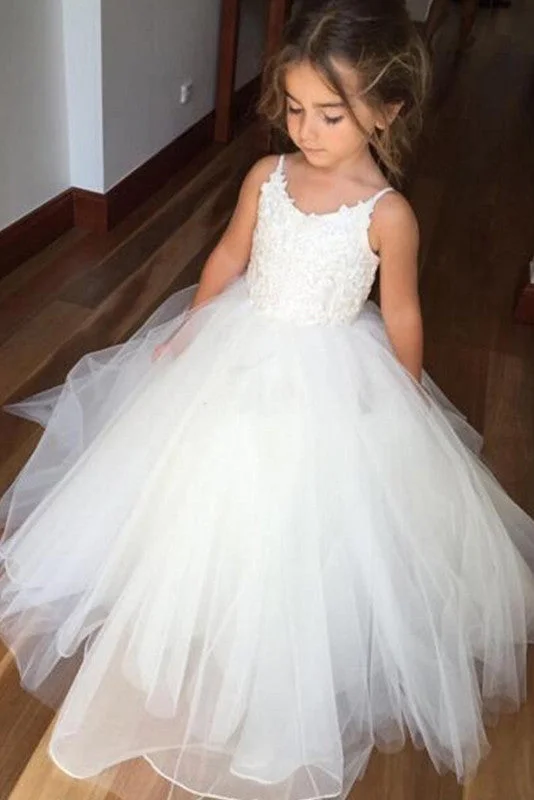 Massive Savings Cute A Line Straps Tulle Lace Long Flower Girl Dresses Princess Ball Gown