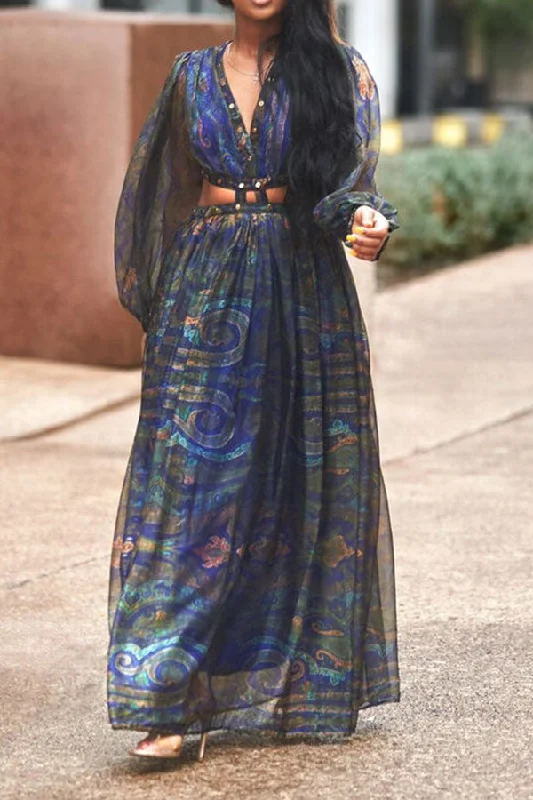 Seasonal Fashion Tribal Print Unique Cutout Waist Maxi Dress