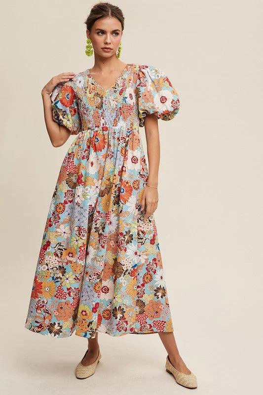 Discount Extravaganza Flower Print Smocked V-neck Puff Sleeve Maxi Dress NEW