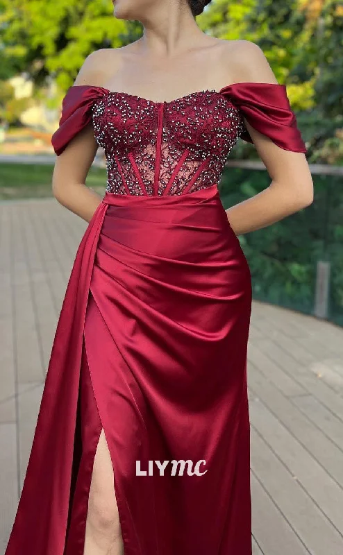 Urban Femme Streetwear LP2175 - Off-Shoulder Strapless Appliques Pleated Satin High Slit Prom Dress