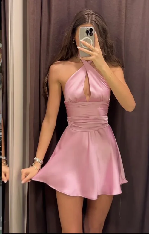 Chic Wardrobe Essentials Satin Halter Mini Dress Women Backless Sleeveless Pink Party Dresses   S5335