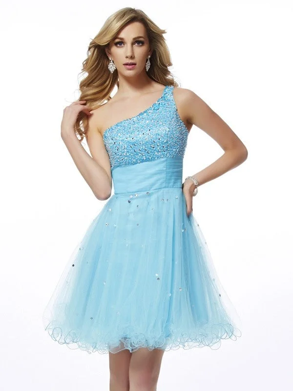 Elegant Simplicity Wardrobe A-Line/Princess One-Shoulder Sleeveless Beading Short Organza Homecoming Dresses