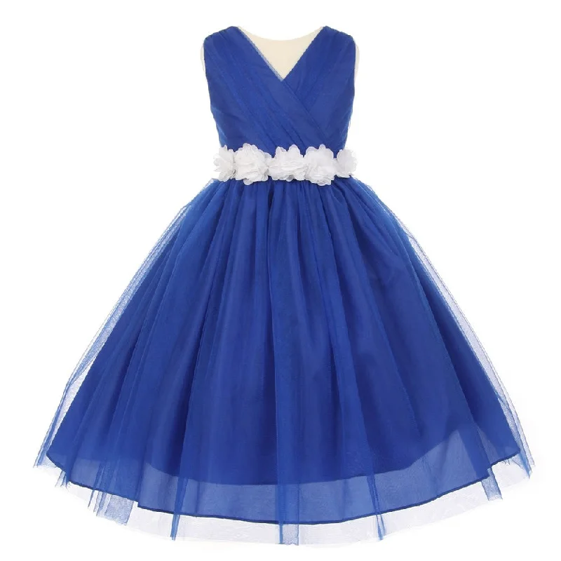 Hot Deals Little Girls Royal Blue White Chiffon Floral Sash Tulle Flower Girl Dress 2-6