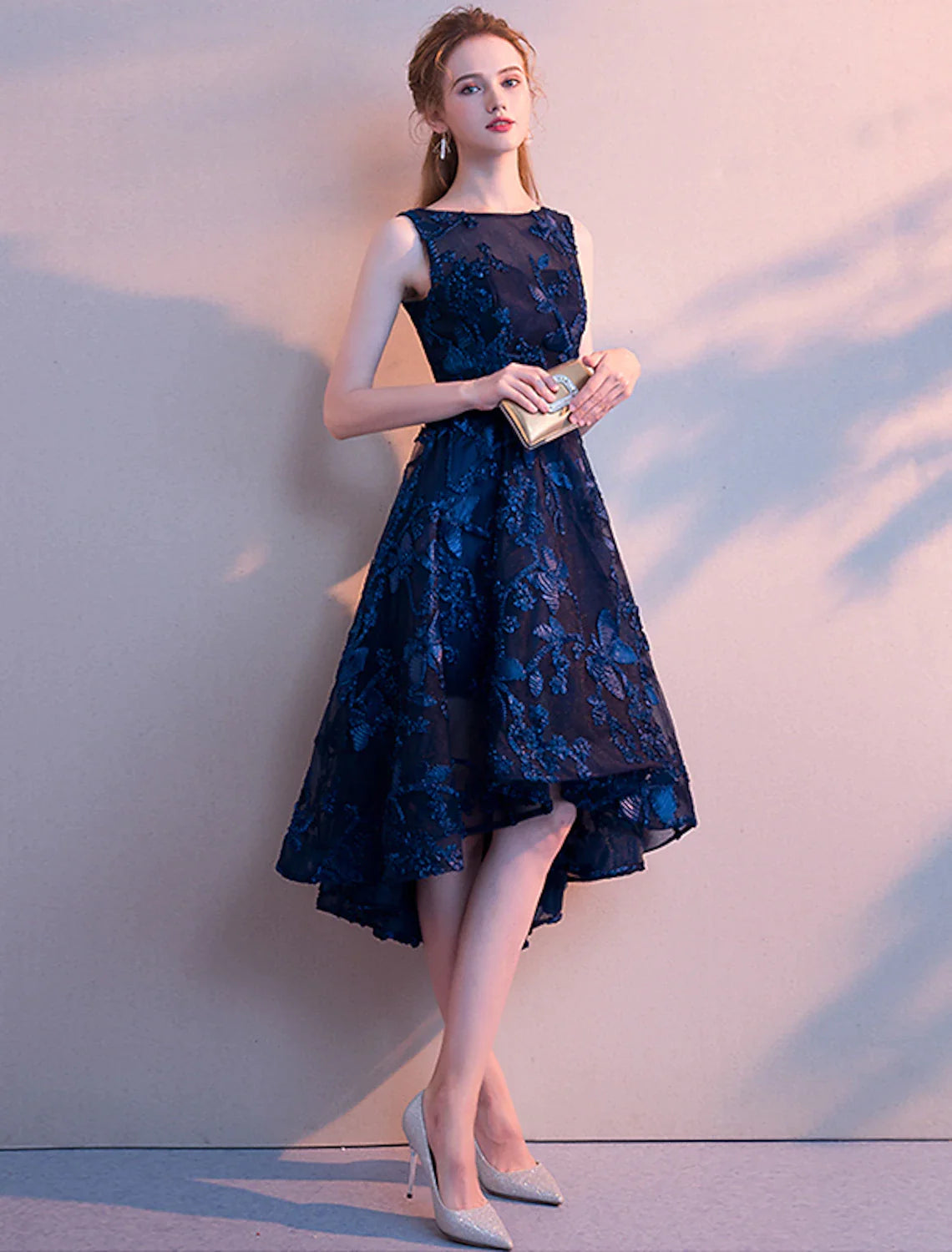 Soft Textures A-Line Cocktail Dresses Minimalist Dress Homecoming Asymmetrical Sleeveless Jewel Neck Tulle with Pleats Pattern / Print