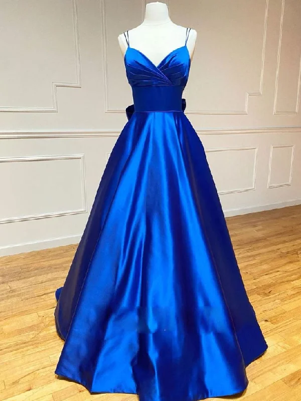 Trendy Styles blue v neck satin long prom dress, blue evening dress        S5295