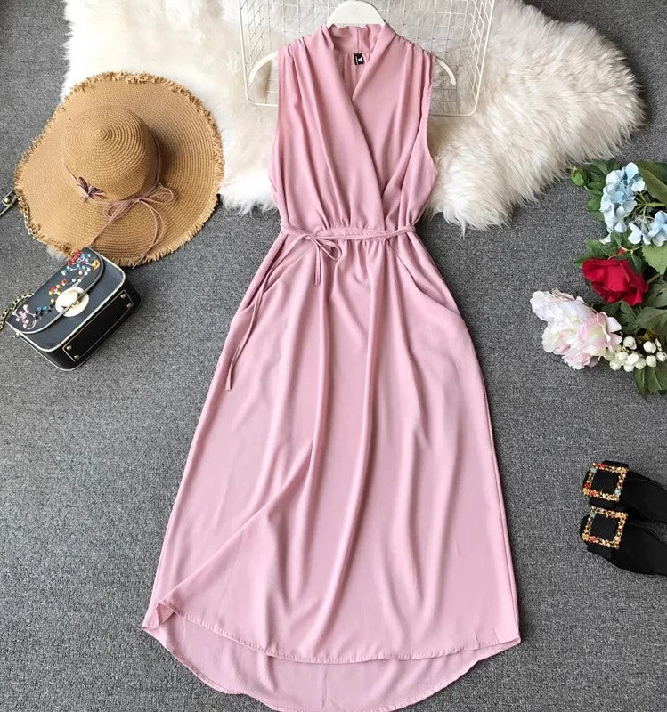 Season Offer Sleeveless dress for women chiffon mid-length V-neck solid color simple     S4350