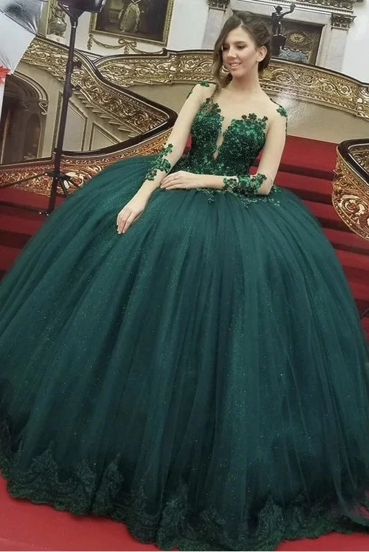 Fashion-Forward Long Sleeves Green Prom Dresses Glitter Ball Gown Princess Dresses Y0181