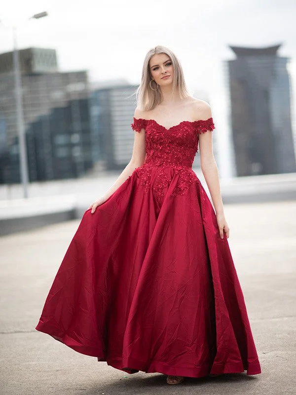 Seasonal Trends Ball Gown Off-the-Shoulder Satin Applique Sleeveless Floor-Length Dresses