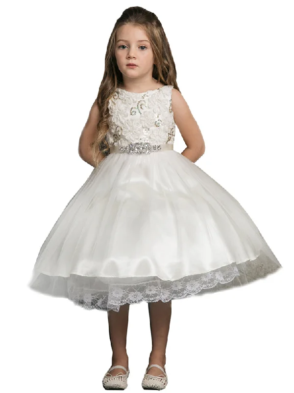 Flash Sale Now Little Girls Ivory 3D Floral Beaded Belt Flower Girl Dress 2-6