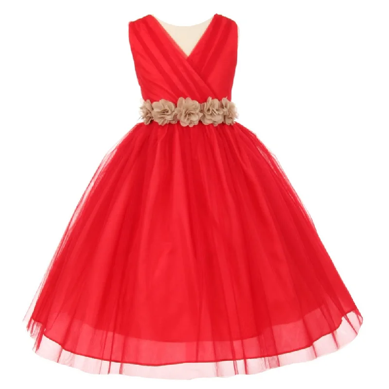 Top Deals Little Girls Red Champagne Chiffon Floral Sash Tulle Flower Girl Dress 2-6