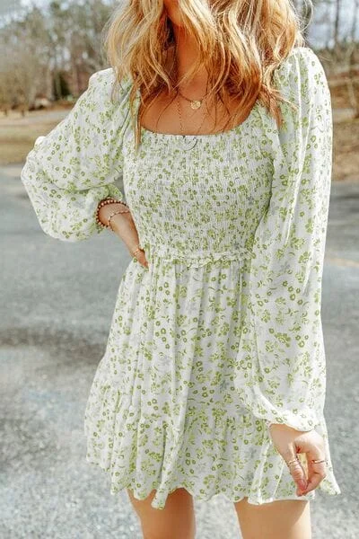 Budget-Friendly Fashion Smocked Floral Square Neck Balloon Sleeve Dress