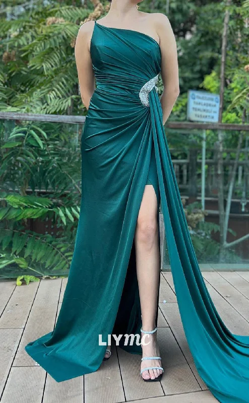 Premium Fashion LP2176 - Asymmetrical Sleeveless Pleated Ruched Satin High Slit Prom Dress